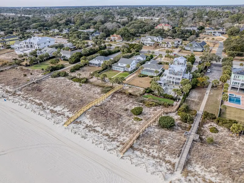 Aerial view of three neighboring oceanfront dune crossovers in Myrtle Beach