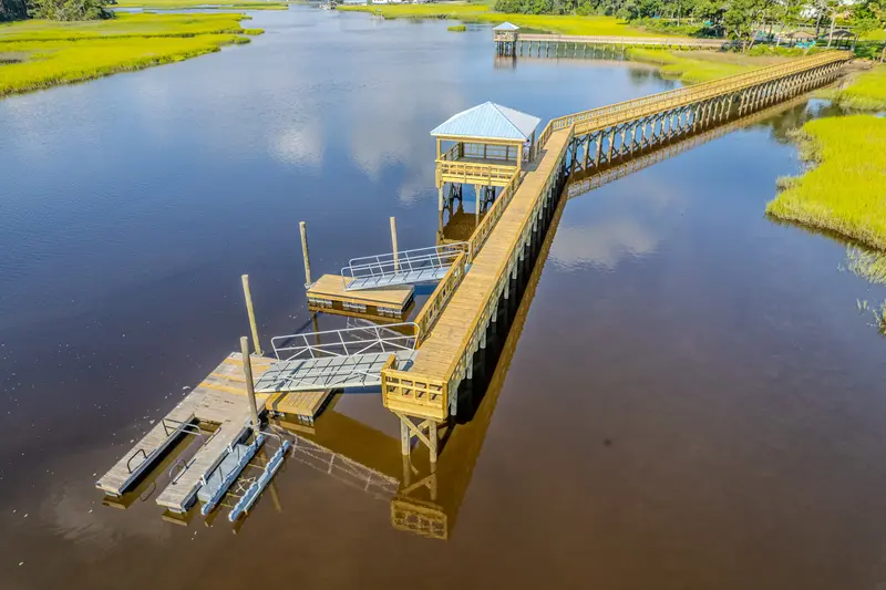 Aerial view of twin gangways and floating dock stages at Kingfish Bay