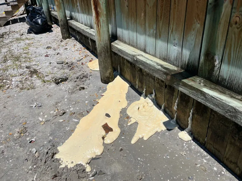 Repair foam extending through several vertical joints in the front of the seawall near the sand line at Shore Drive in Wrightsville Beach