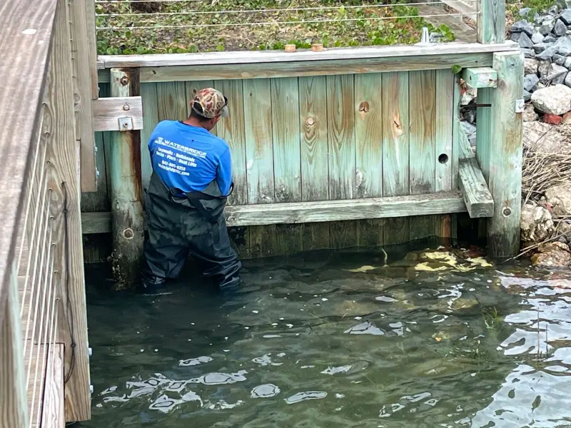 Waterbridge crew member working at the timber seawall from the water side