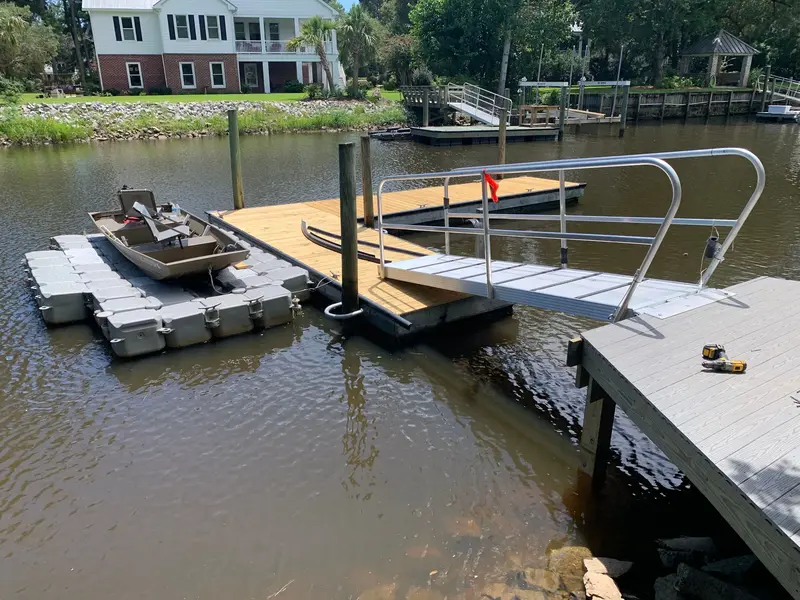 Floating drive-on platform and gangway connected to a waterfront dock