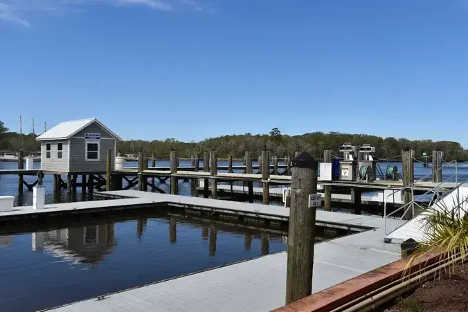 Floating docks and covered pierhead at Wacca Wache Marina in Murrells Inlet