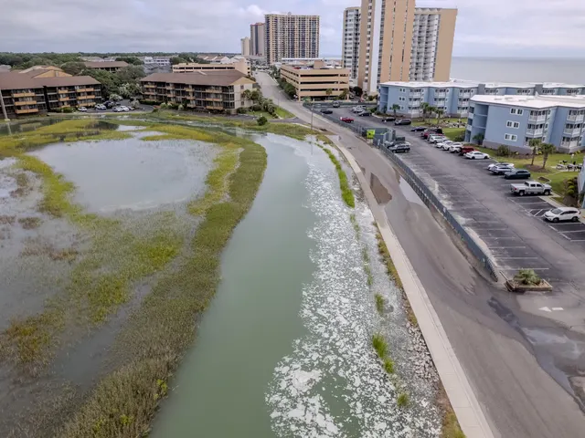 Aerial view of a long vinyl bulkhead at Sands Beach Club in Myrtle Beach