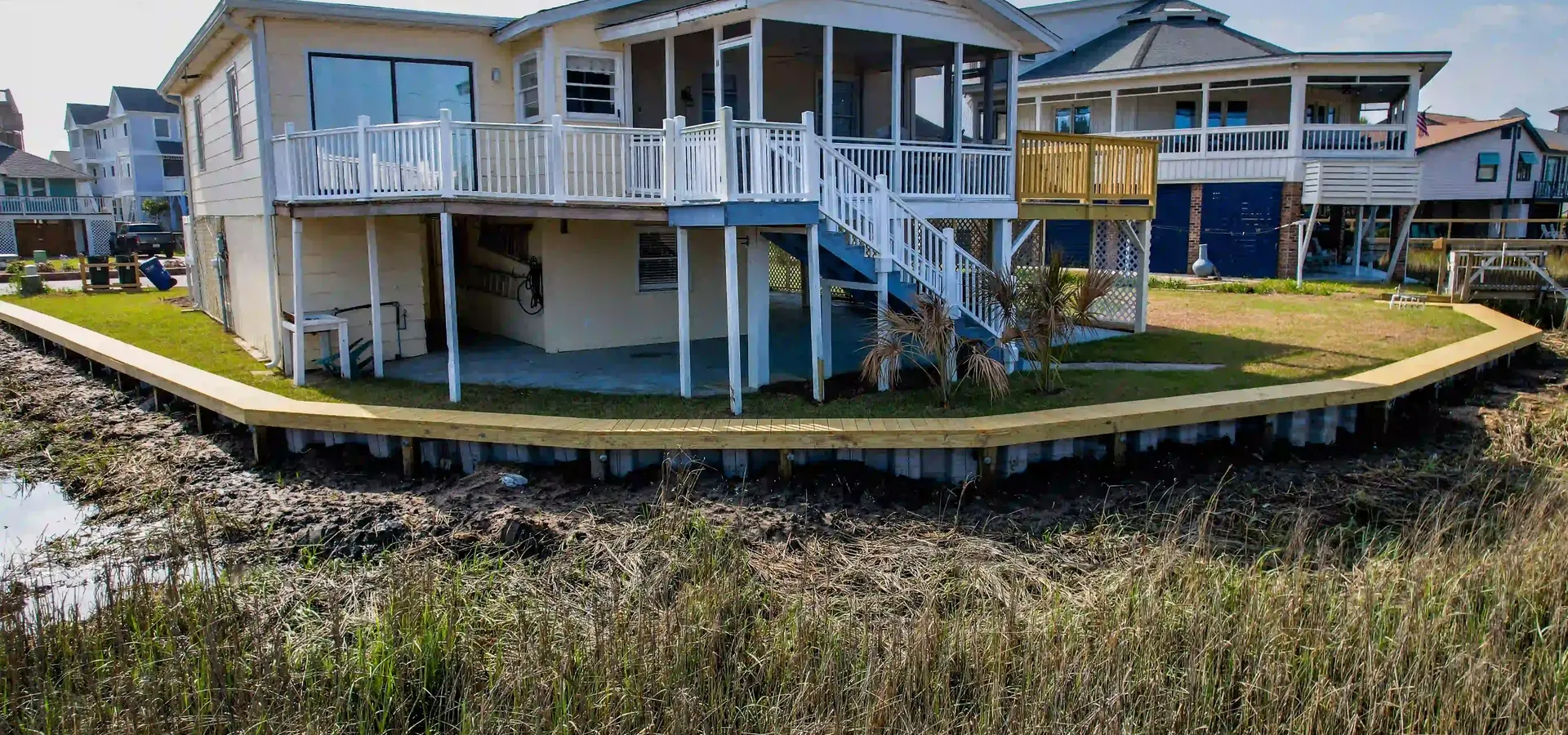 Completed bulkhead protecting a residential shoreline